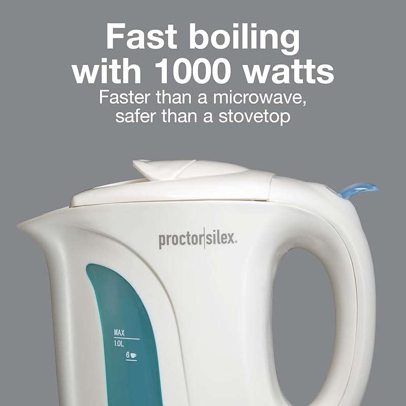 Proctor Silex Electric Tea Kettle, Water Boiler & Heater Auto-Shutoff & Boil-Dry Protection, 1000 Watts for Fast Boiling, 1 Liter, White - Image 7