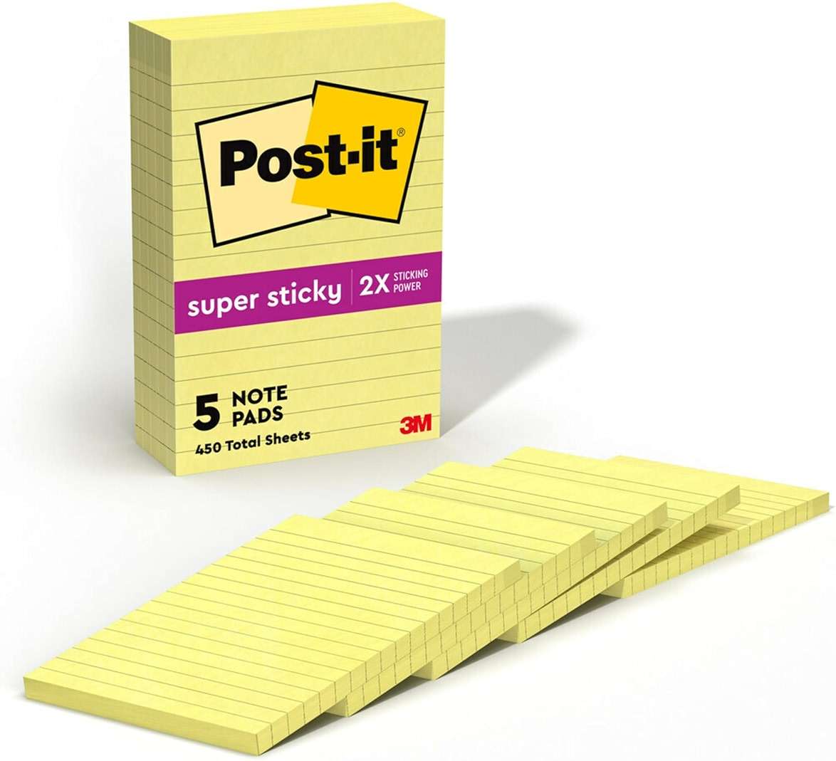 Post-it Super Sticky Lined Notes, 5 Sticky Note Pads, 4 x 6 in., School Supplies for Students, Ideal for Textbooks, Notebooks, Walls and Vertical Surfaces, Canary Yellow - Image 1