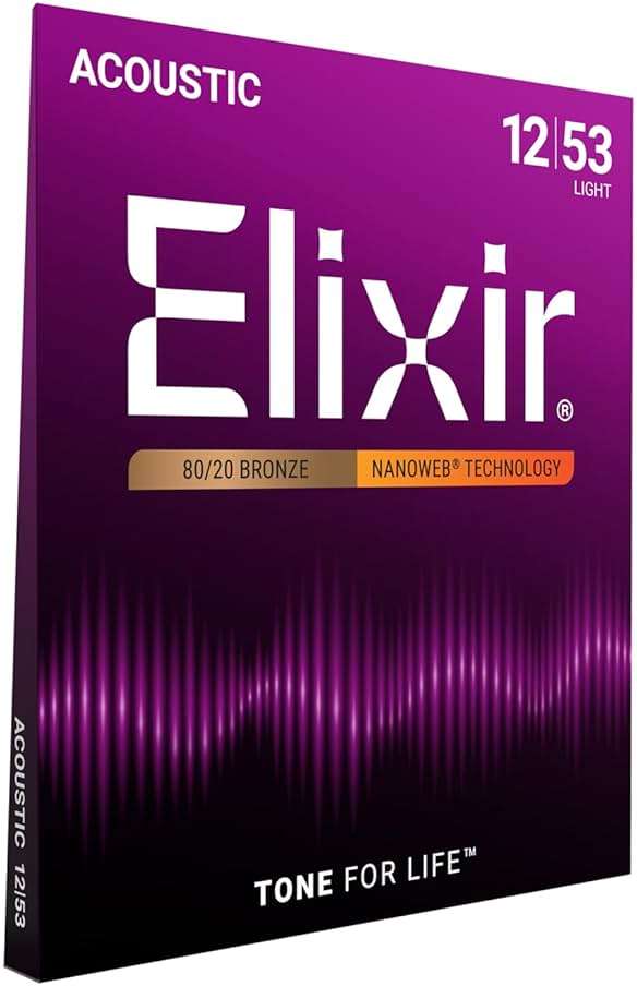 Elixir Strings, Acoustic Guitar Strings, 80/20 Bronze with NANOWEB Technology, Longest-Lasting Bright and Focused Tone For Life with Comfortable Feel, 6 String Set, Light 12-53 - Image 1