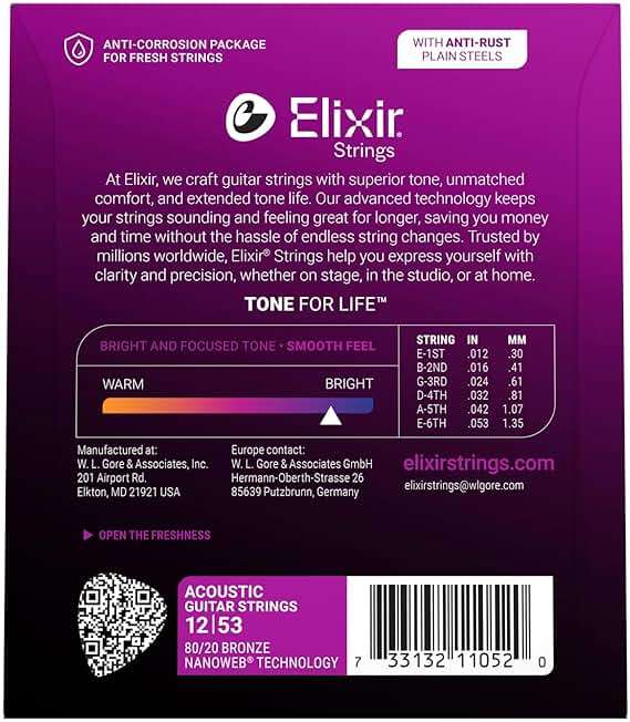 Elixir Strings, Acoustic Guitar Strings, 80/20 Bronze with NANOWEB Technology, Longest-Lasting Bright and Focused Tone For Life with Comfortable Feel, 6 String Set, Light 12-53 - Image 2