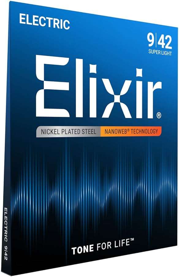 Elixir Strings, Electric Guitar Strings, Nickel Plated Steel with NANOWEB Technology, Longest-Lasting Bright Tone with Comfortable Feel, 6 String Set, Super Light 9-42 - Image 1