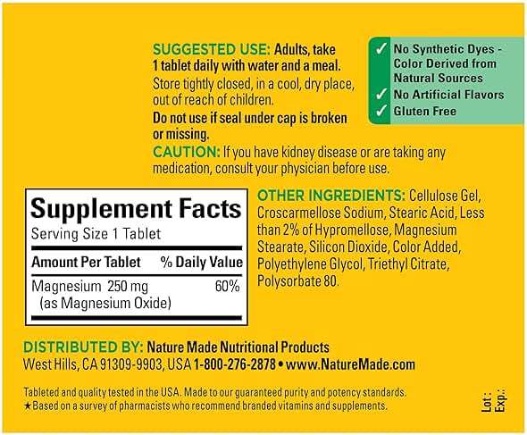 Nature Made Magnesium Oxide 250 mg, Magnesium Supplements for Men and Women, Support for Muscle, Heart, Bone and Nerve Health, 200 Tablets, 200 Day Supply - Image 5