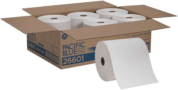 Pacific Blue Basic Recycled Paper Towel Rolls by GP PRO (Georgia-Pacific), White, 26601, 800 Feet Per Roll, 6 Rolls Per Case - Image 1