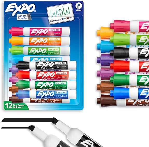 EXPO Dry Erase Markers, Low Odor Ink, Assorted Colors, Chisel Tip, 12 Count - Image 1