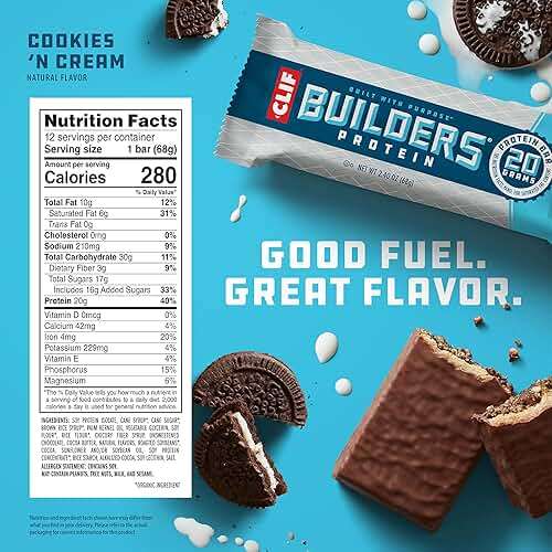 CLIF BUILDERS Protein Bars - Cookies 'n Cream Flavor - 20g Plant Based Protein - Gluten Free - Non-GMO - Low Glycemic - No Artificial Sweeteners - 2.4 oz. (12 Pack) - Image 2