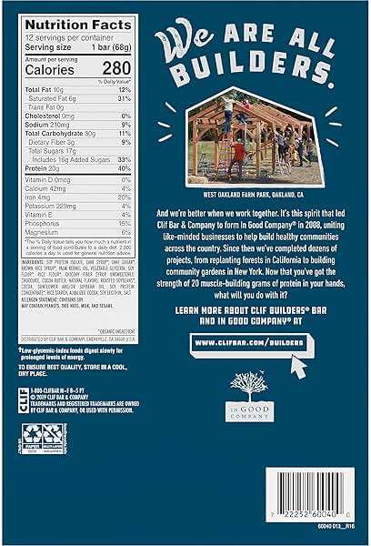 CLIF BUILDERS Protein Bars - Cookies 'n Cream Flavor - 20g Plant Based Protein - Gluten Free - Non-GMO - Low Glycemic - No Artificial Sweeteners - 2.4 oz. (12 Pack) - Image 17