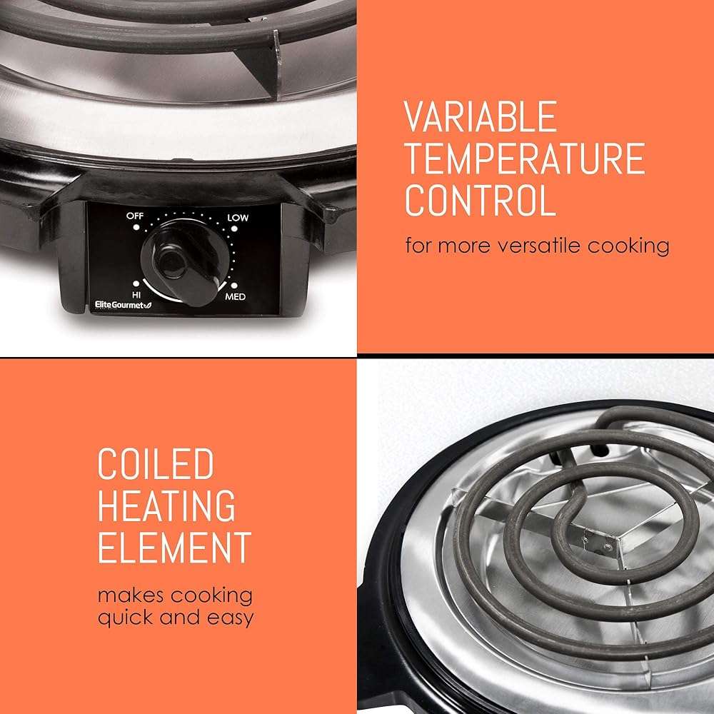 Elite Gourmet ESB-300X Single Countertop Coiled Burner, 1000 Watts Electric Hot Plate, Temperature Controls, Power Indicator Lights, Easy to Clean, Black - Image 7
