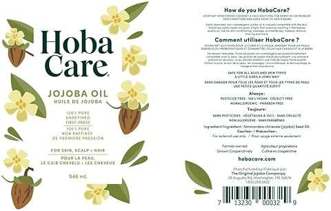 HobaCare Unrefined Jojoba Oil for Skin Care, Hair, Beard Conditioning, Scalp Massage - 100% Pure Carrier Oil for Perfume or Soap Making - Natural, Vegan, Hexane Free, Long Shelf Life (32 oz) - Image 8