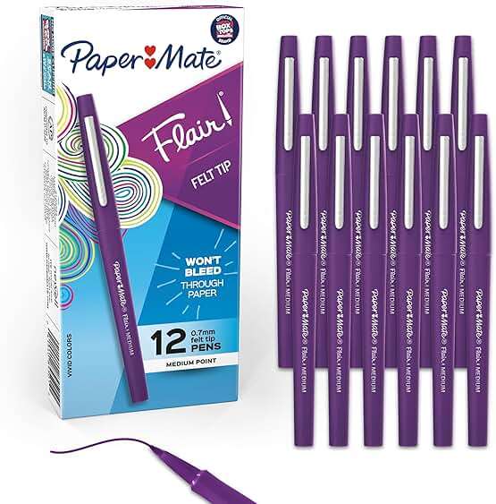 Paper Mate Flair Felt Tip Pens, Medium Point (0.7mm), Vivid Purple, 12 Count - For Teachers, Students, Classroom Use, Note-Taking, Arts & Crafts - Image 1