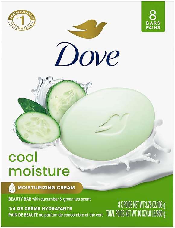 Dove Beauty Bar Soap Cool Moisture Cucumber & Green Tea Scent, 8 Bars for Refreshed Skin, Leaves Skin Refreshed 3.75 oz - Image 1