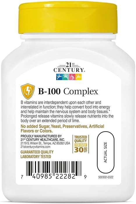 21st Century B-100 Complex Prolonged Release Tablets, 60 Count (Pack of 1), High Potency Vitamin B Complex for Nervous System, Energy Support, Includes Vitamin B1, B2, B6, Biotin & Calcium - Image 3