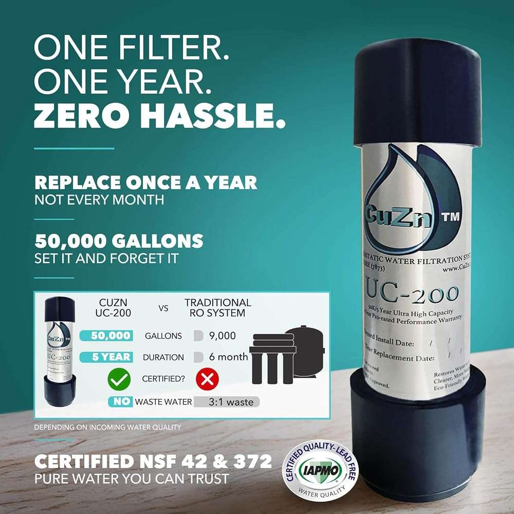 CuZn Under Sink Water Filter for Sink Faucet, 5 Year Filter Life, NSF/ANSI 42 & 372 Certified, Reduces PFAs, PFOS, Lead, Chlorine, Inline Faucet Connection, Improves Tap Water Taste - Image 2
