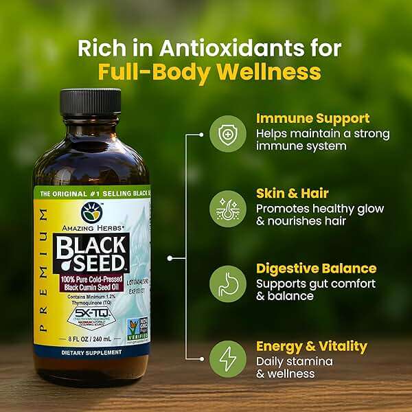 Amazing Herbs Premium Liquid Black Seed Oil - Cold Pressed with Nigella & Sativa, Aids in Digestive Health, Omegas 3 6 & 9, Immune Support, Brain Function, Non GMO, for Men and Women - 8 Fl Oz - Image 3