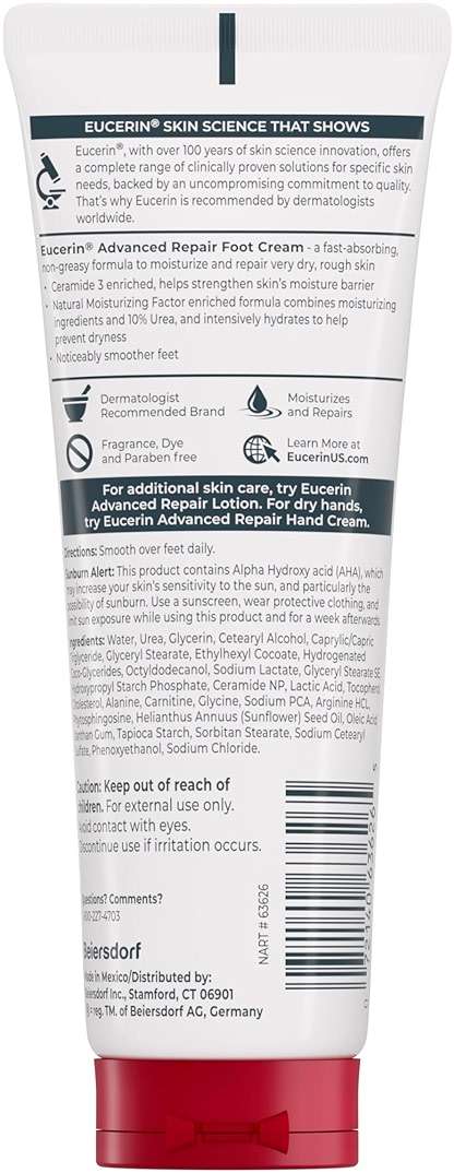 Eucerin Advanced Repair Foot Cream, Urea Enriched, Unscented Foot Cream for Dry Feet and Heels With Triple Moisturizing Complex, Travel Size Moisturizer, 3 OZ Tube, Pack of 3 - Image 3