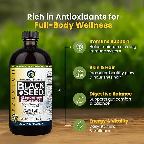 Amazing Herbs Premium Black Seed Oil - Cold Pressed Nigella Sativa Aids in Digestive Health, Immune Support, Brain Function, Joint Mobility, Gluten Free, Non GMO - 16 Fl Oz - Image 3