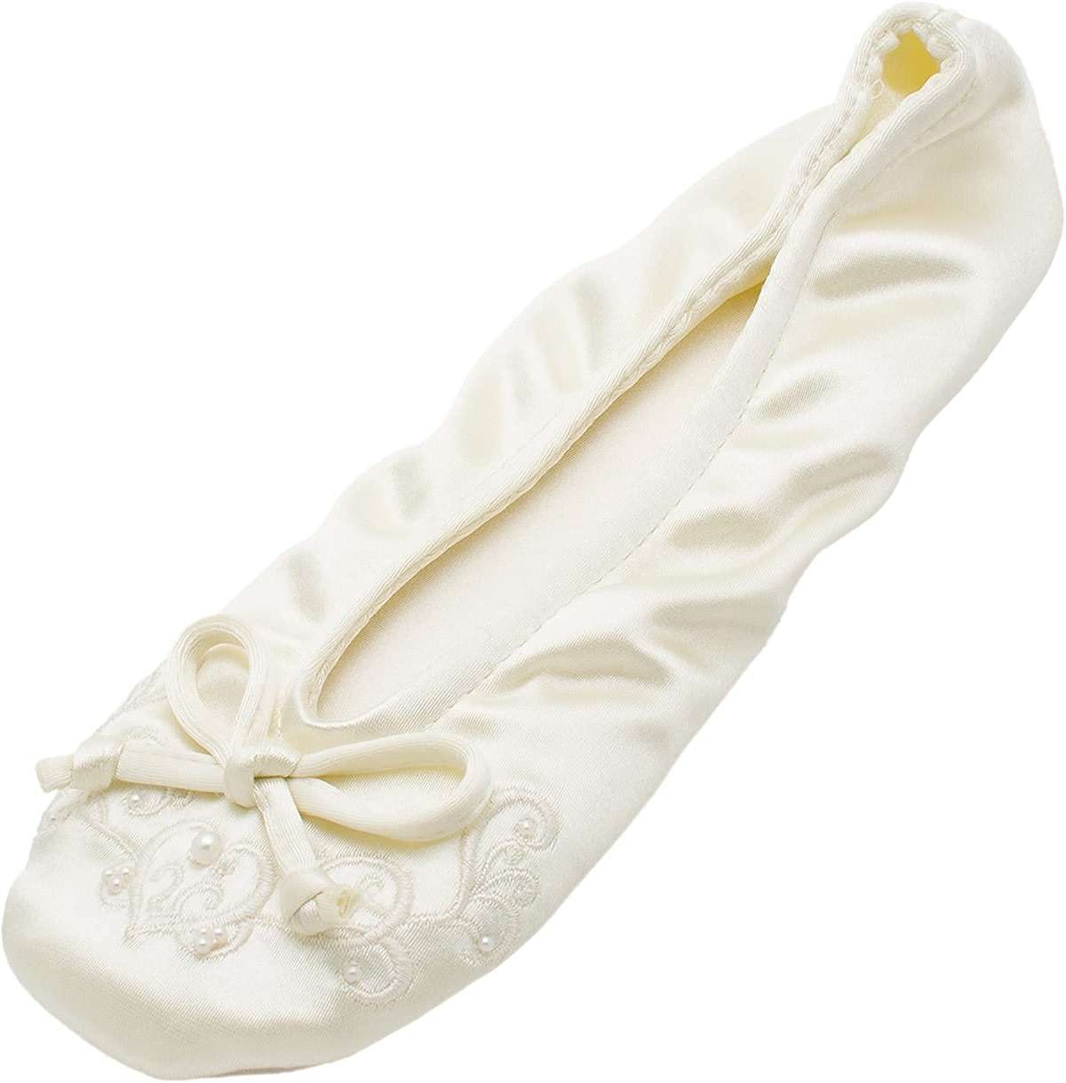 isotoner Women's Satin Ballerina Slippers with Embroidered Pearl - Image 1