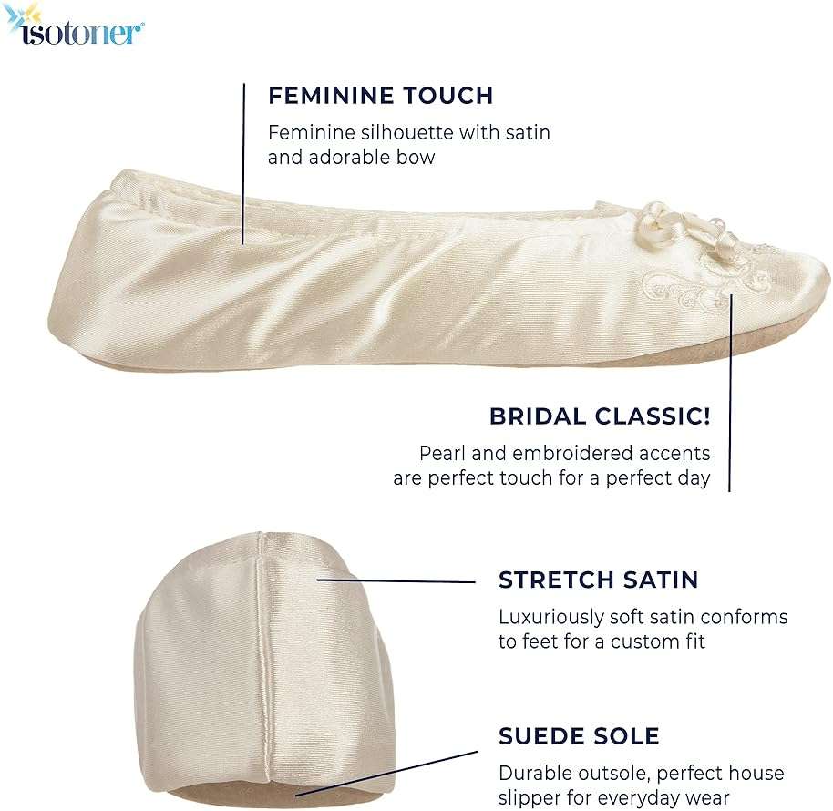 isotoner Women's Satin Ballerina Slippers with Embroidered Pearl - Image 3