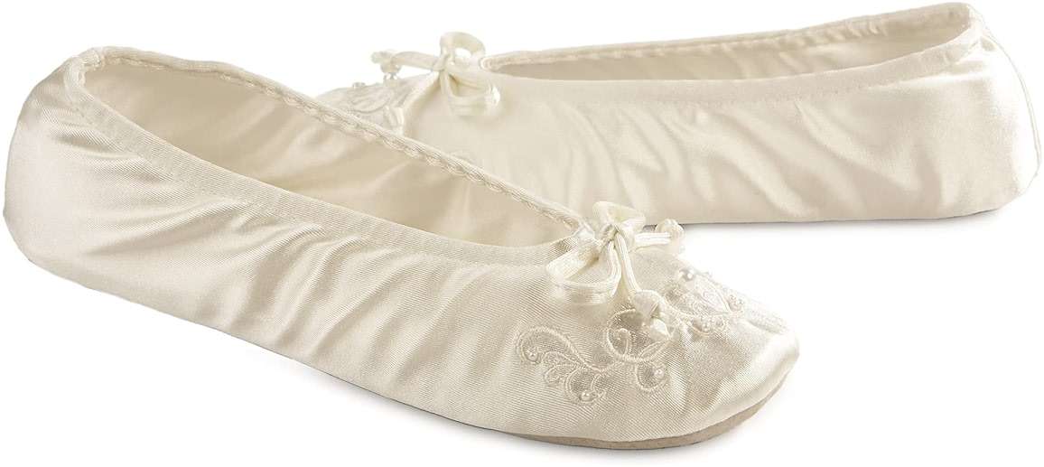 isotoner Women's Satin Ballerina Slippers with Embroidered Pearl - Image 4