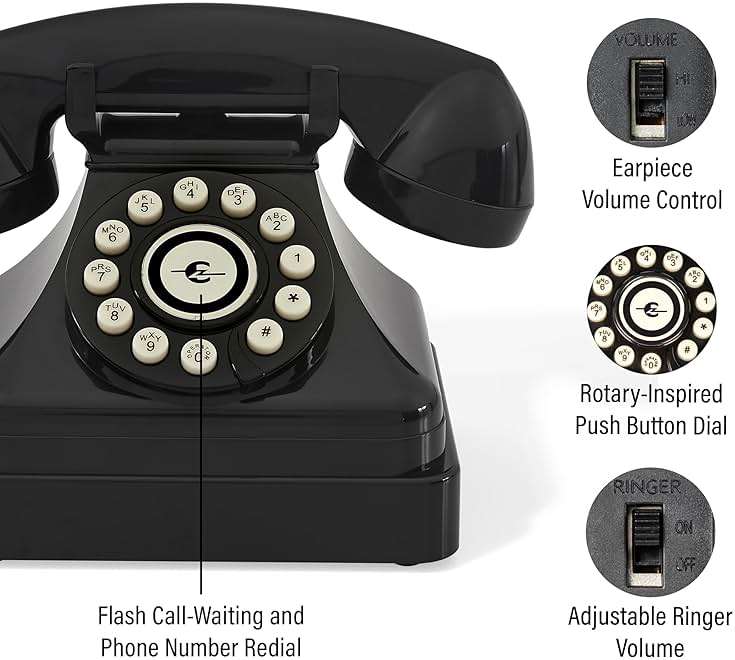 Crosley CR62-BK Kettle Classic Corded Desk Phone - Landline for Home with Retro Rotary Style, Black - Image 2
