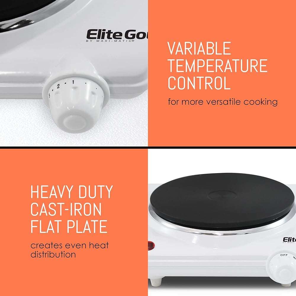 Elite Gourmet ESB-301F Countertop Single Cast Iron Burner, 1000 Watts Electric Hot Plate, Temperature Controls, Power Indicator Lights, Easy to Clean, White - Image 5