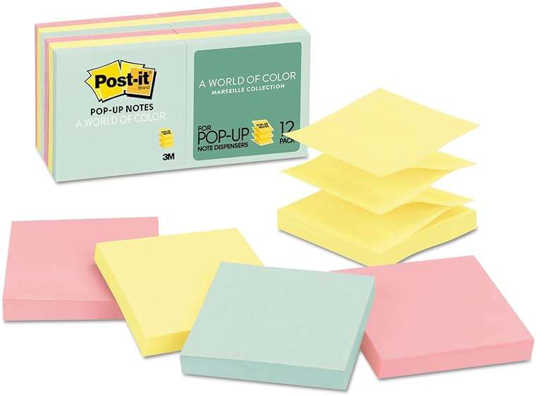 Post-it Pop-up Notes, 12 Sticky Note Pads, 3 x 3 in., School Supplies, Office Products, Accordion Sticky Notes Work with Pop-Up Note Dispenser, Beachside Café Collection - Image 1