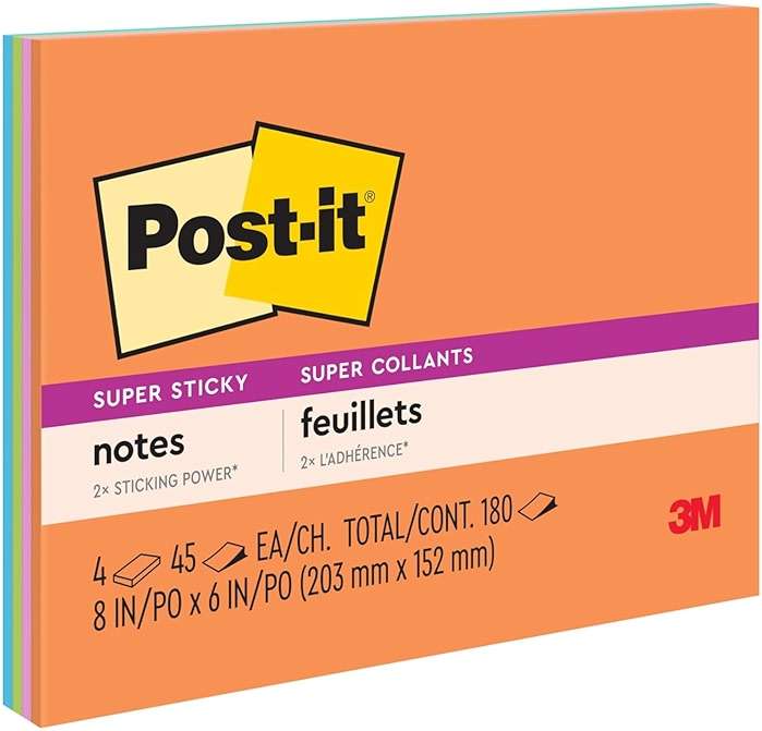Post-it Super Sticky Lined Notes, 4 Sticky Note Pads, 8 x 6 in., School Supplies for Students, Ideal for Textbooks, Notebooks, Walls and Vertical Surfaces, Energy Boost Collection - Image 1