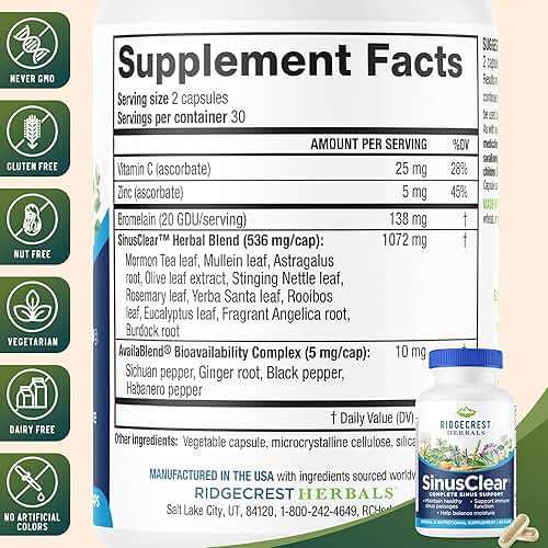 RidgeCrest Herbals SinusClear, Mullein Leaf, Bromelain, Vitamin C, and Zinc, for Healthy Mucus, Immune & Respiratory Support, (60 Veg Caps, 30 Serv) - Image 3