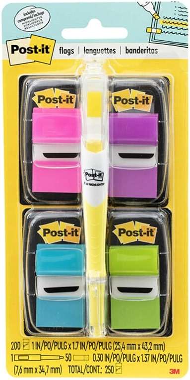 Post-it Flags Value Pack, 50/Dispenser, 4 Dispensers/Pack, 1 in Wide, Assorted Bright Colors, Includes FREE Flags + Highlighter (680-PPBGVA) - Image 1