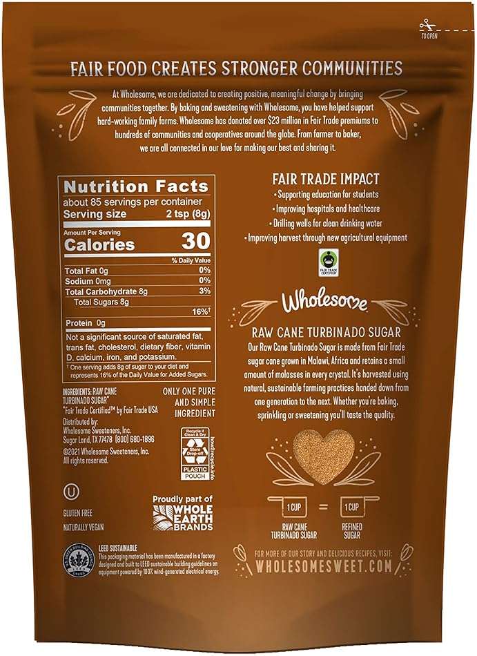 Wholesome Sweeteners 24-Ounce Raw Cane Turbinado Cane Sugar, Fair Trade, Non GMO, Gluten Free & Vegan, 12 Pack - Image 5