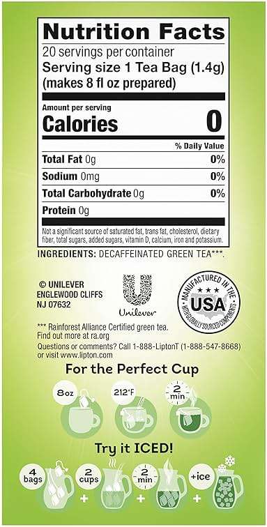 Lipton Decaffeinated Green Tea Bags, Hot or Iced, Can Support Heart Health, 20 Tea Bags (Pack of 6) - Image 2