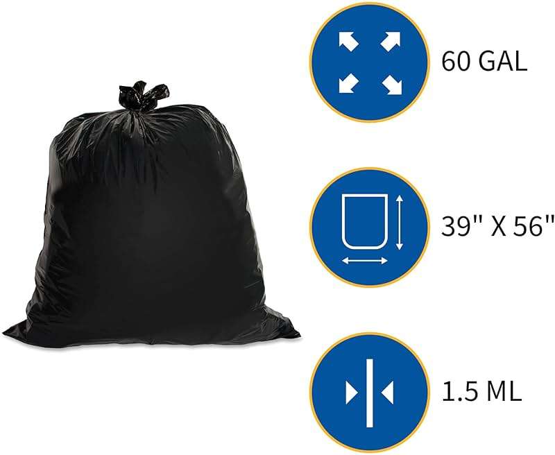 Genuine Joe GJO01535 Heavy Duty Low-Density Puncture Resistant Can Liner, 60 gallon Capacity, 56" Length x 39" Width x 1.50 mil Thickness, Black (Box of 50) - Image 10