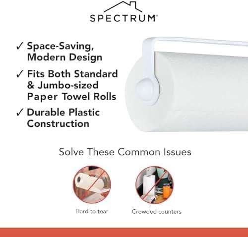 Spectrum Paper Towel Holder for Under Cabinet - Hanging Wall Mount Paper Towel Holder for Kitchen - Easy-to-Use Fits Standard & Jumbo Rolls - Minimalist Paper Towel Roll Rack - Image 4