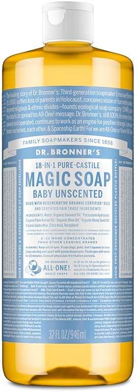 Dr. Bronner's Pure-Castile Magic Soap Liquid (Baby Unscented, 32 Ounce) – Made with Regenerative Organic Certified Oils – For Sensitive Skin, Babies, Face, Hair, Laundry, Dishes, Hand Soap & Body Wash - Image 1