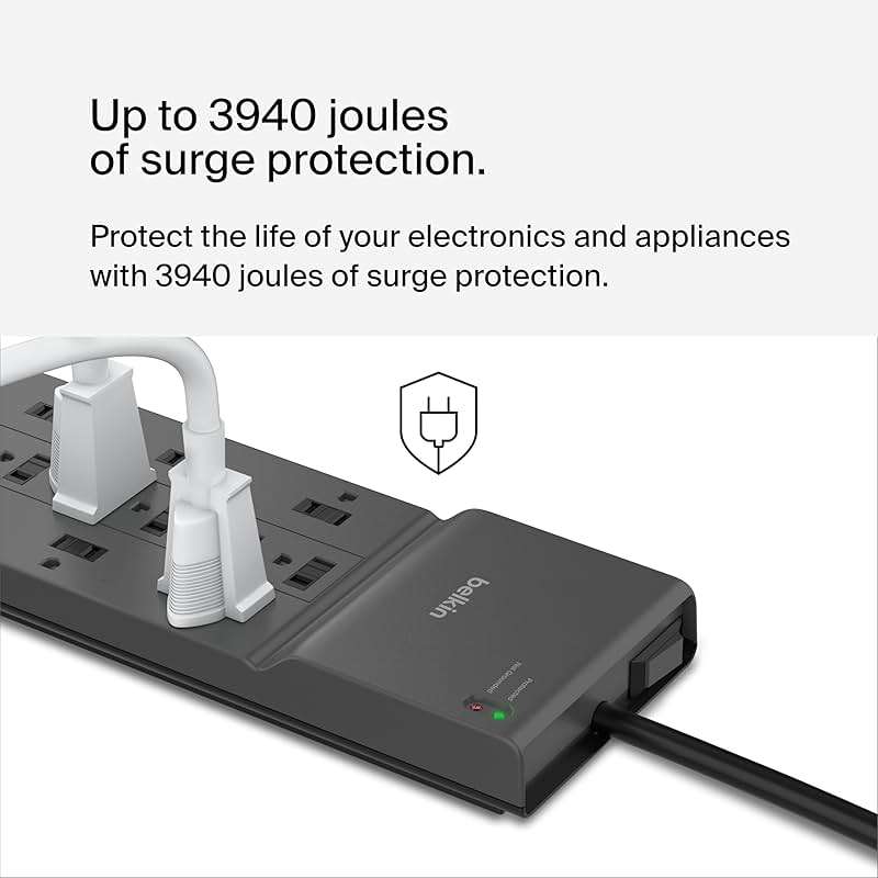 Belkin Power Strip Surge Protector with 8 Outlets, 6 ft Long Flat Plug Heavy Duty Extension Cord + Overload Protection for Home, Office, Travel, Compuer Desktop & Phone Charging Brick (3,550 Joules) - Image 2