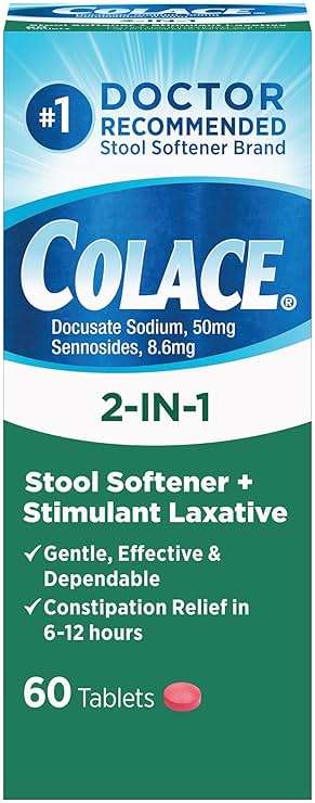 Colace 2-in-1 Stool Softener Plus Stimulant Laxative Tablets, 60 Count (Pack of 1), Gentle Constipation Relief, Docusate Sodium Plus Sennosides - Image 1