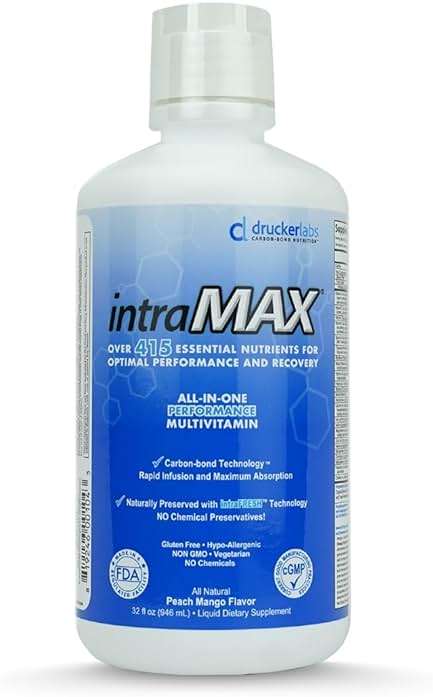 Drucker Labs - intraMAX Organic Liquid Multivitamin, Non GMO, Dairy Free, Gluten Free, Magnesium, Vitamin D, C and E, Zinc (32 oz., Peach Mango) - Image 1