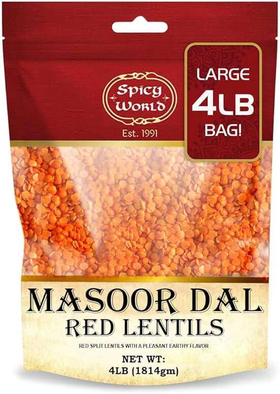 Masoor Dal 4 Pound Bag - Split Red Lentils Dry - All Natural, Pure, Vegan - Resealable Bag by Spicy World - Image 1
