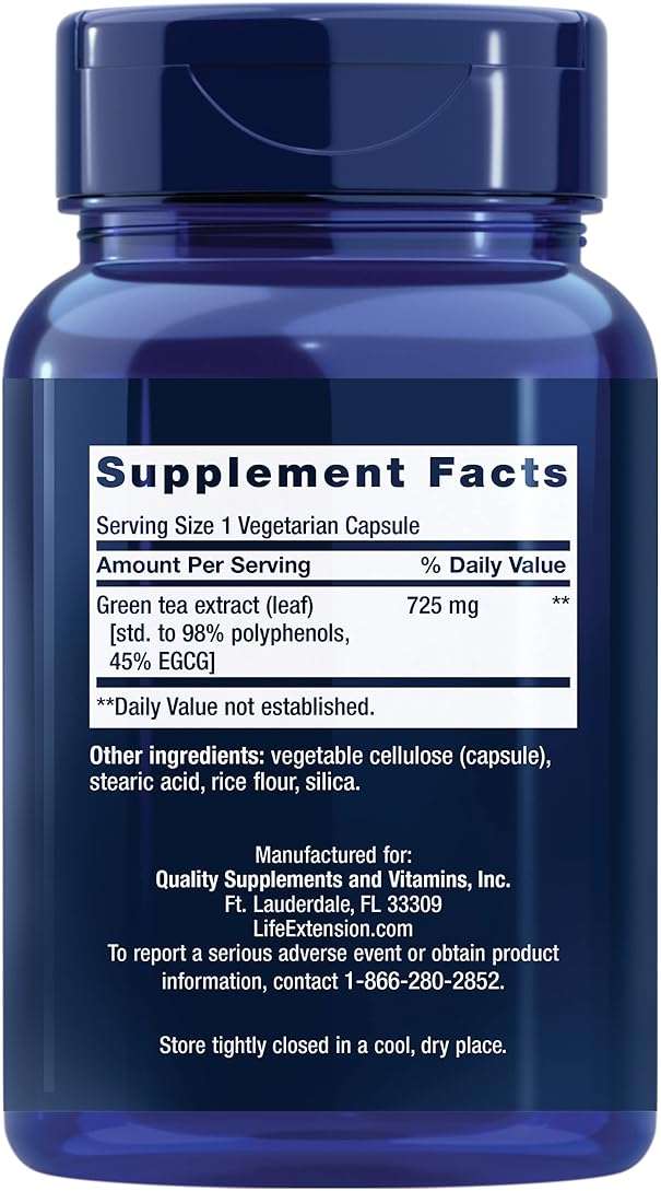 Life Extension Lightly Caffeinated Mega Green Tea Extract, Camellia sinensis Extract with Concentrated EGCG polyphenol Content, Gluten-Free, Non-GMO, Vegetarian, 100 Capsules - Image 2