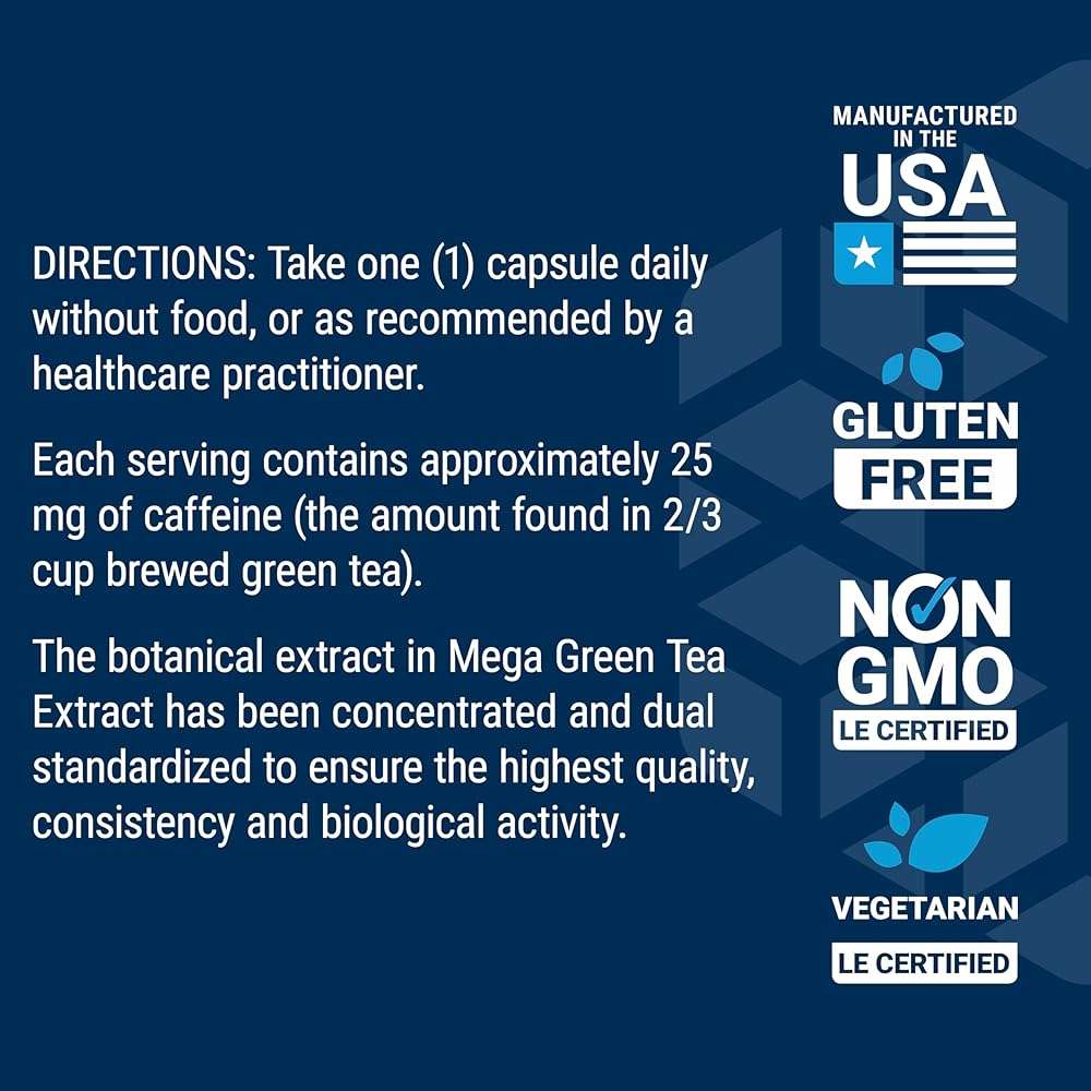 Life Extension Lightly Caffeinated Mega Green Tea Extract, Camellia sinensis Extract with Concentrated EGCG polyphenol Content, Gluten-Free, Non-GMO, Vegetarian, 100 Capsules - Image 7