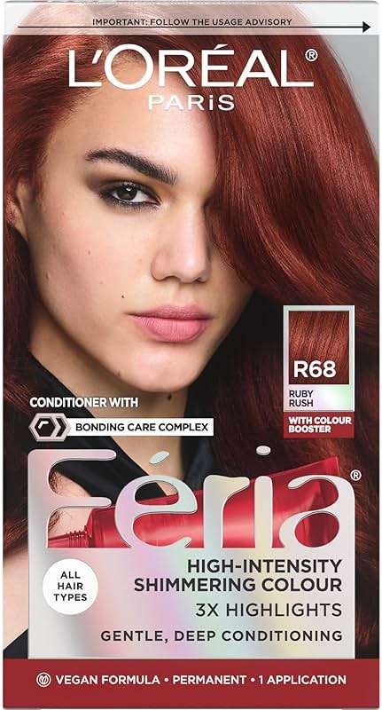 L'Oreal Paris Feria Multi-Faceted Shimmering Permanent Hair Color, R68 Ruby Rush (Rich Auburn True Red), Pack of 1 Hair Dye Kit - Image 1
