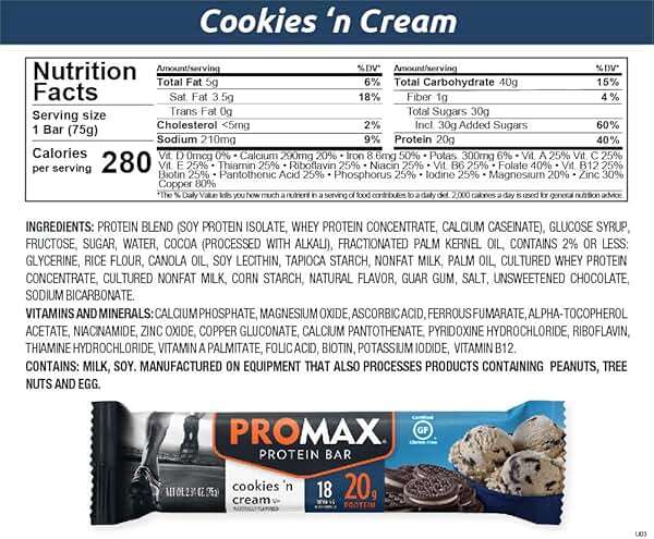 Promax Protein Bar, Cookies 'n Cream, 20g High Protein, Gluten Free, 12 Count - Image 3