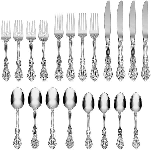 Oneida Silverware Set For 4, Michelangelo 20-Piece Fine Flatware Set, Service For 4, Heavyweight 18/10 Stainless Steel, Mirror Finish, Dishwasher Safe, Knives Spoons & Forks Sets (Silver, 20 Piece) - Image 3