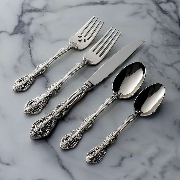 Oneida Silverware Set For 4, Michelangelo 20-Piece Fine Flatware Set, Service For 4, Heavyweight 18/10 Stainless Steel, Mirror Finish, Dishwasher Safe, Knives Spoons & Forks Sets (Silver, 20 Piece) - Image 7