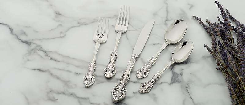 Oneida Silverware Set For 4, Michelangelo 20-Piece Fine Flatware Set, Service For 4, Heavyweight 18/10 Stainless Steel, Mirror Finish, Dishwasher Safe, Knives Spoons & Forks Sets (Silver, 20 Piece) - Image 10