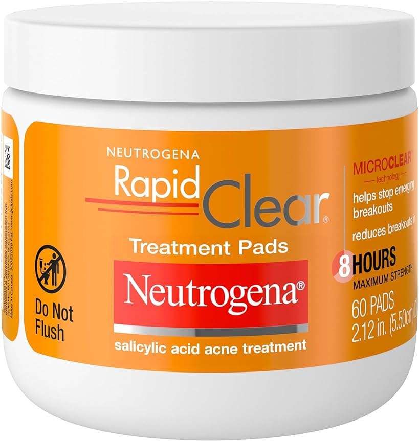 Neutrogena Rapid Clear Acne Treatment Pads with Salicylic Acid Facial Cleanser for Face Cleansing and Oil Removal, Helps Fight Pimples, 60 Count, Resealable Jar - Image 1