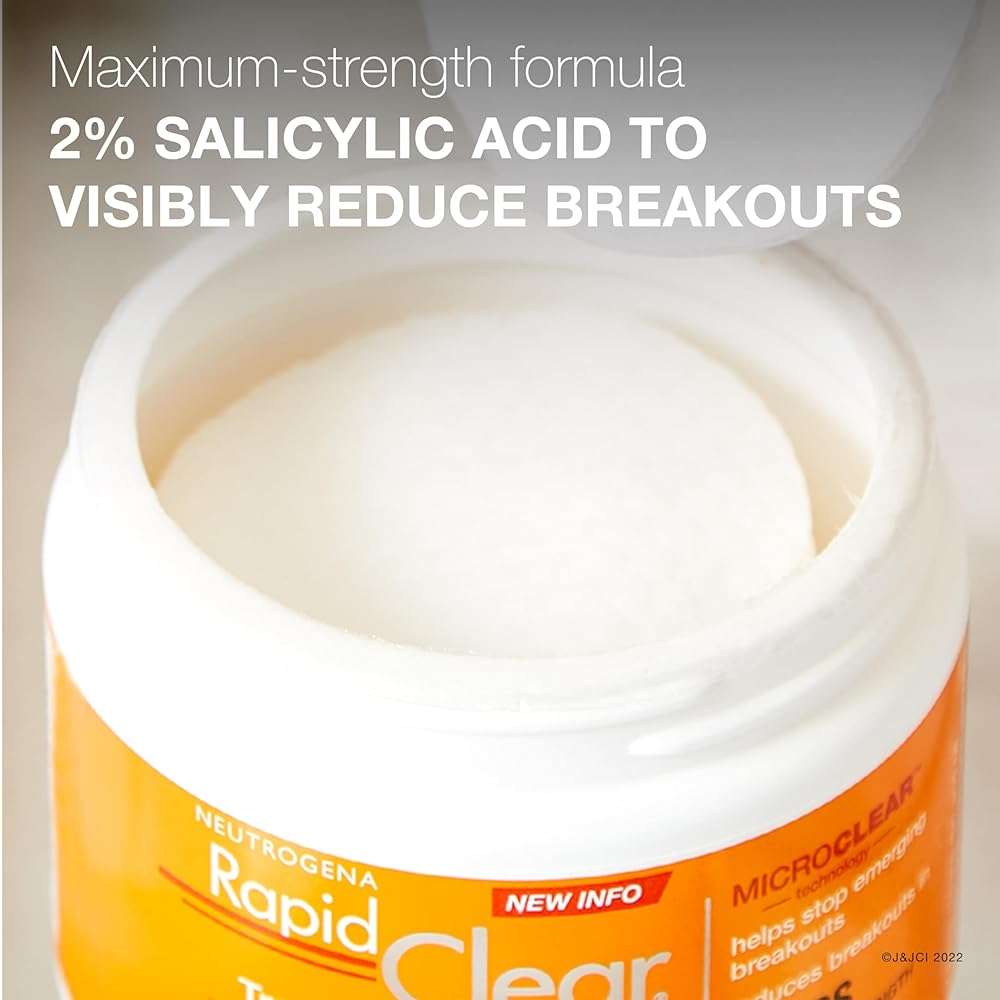 Neutrogena Rapid Clear Acne Treatment Pads with Salicylic Acid Facial Cleanser for Face Cleansing and Oil Removal, Helps Fight Pimples, 60 Count, Resealable Jar - Image 3