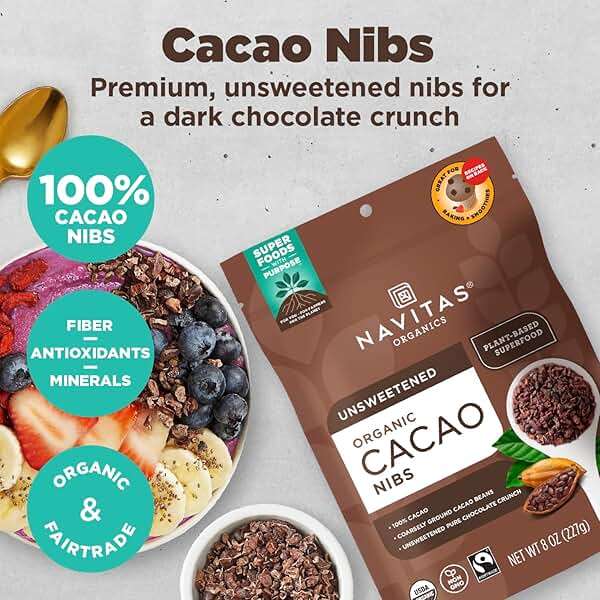 Navitas Organics Cacao Nibs – Unsweetened Dark Chocolate Crunch – Antioxidants, Minerals, Fiber – For Trail Mix, Baking & More – USDA Organic, Fairtrade, Non GMO, Gluten Free, Non-alkalized (8oz. Bag 76 Servings) - Image 2