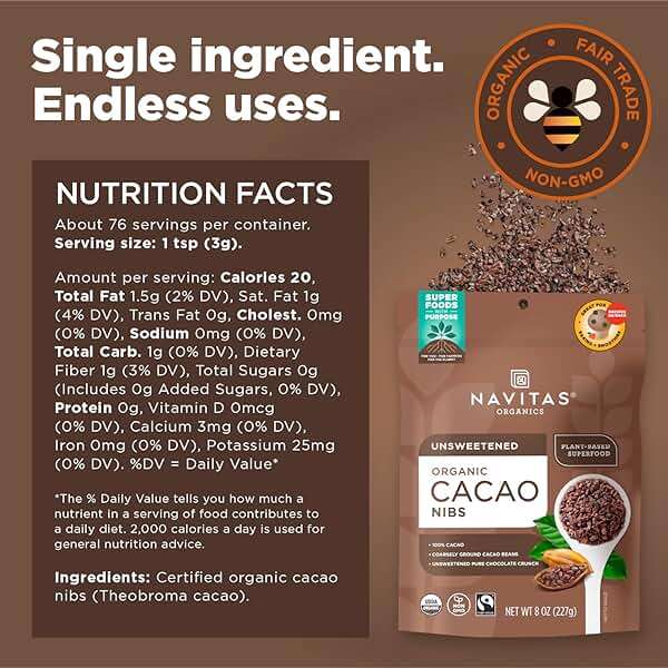Navitas Organics Cacao Nibs – Unsweetened Dark Chocolate Crunch – Antioxidants, Minerals, Fiber – For Trail Mix, Baking & More – USDA Organic, Fairtrade, Non GMO, Gluten Free, Non-alkalized (8oz. Bag 76 Servings) - Image 3