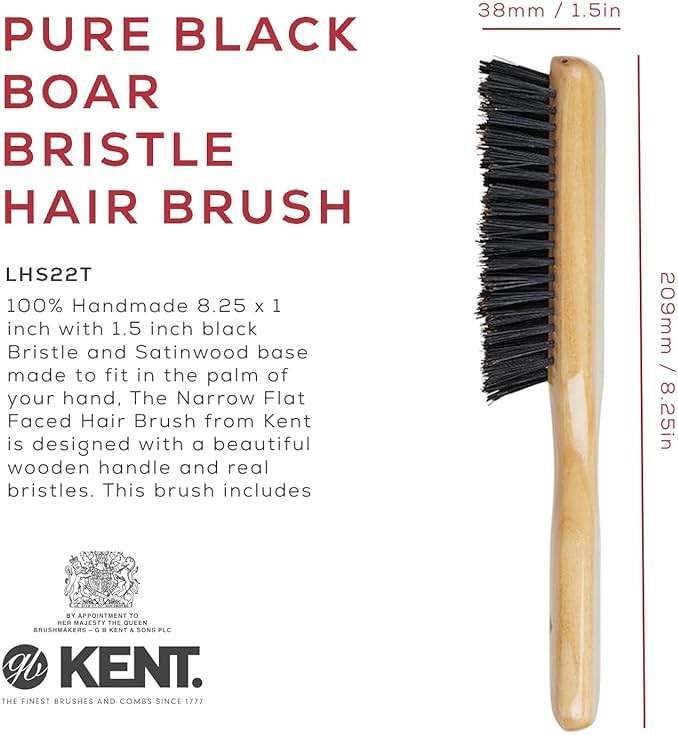 Kent LHS22T Satinwood and Wire-Laid 100% Pure Black Bristle Hair Brush for Daily Grooming Medium to Long Thick Hair, Narrow Flat Face Hair Brush to Promote Natural Shine. Handmade in England - Image 4