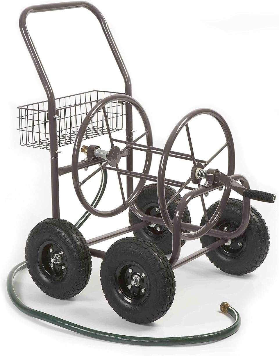 Liberty Garden Residential Grade Four Wheel 250 Foot Capacity Steel Frame Water Hose Reel Cart with Basket for Backyard, Garden, or Home, Brown, Bronze - Image 1